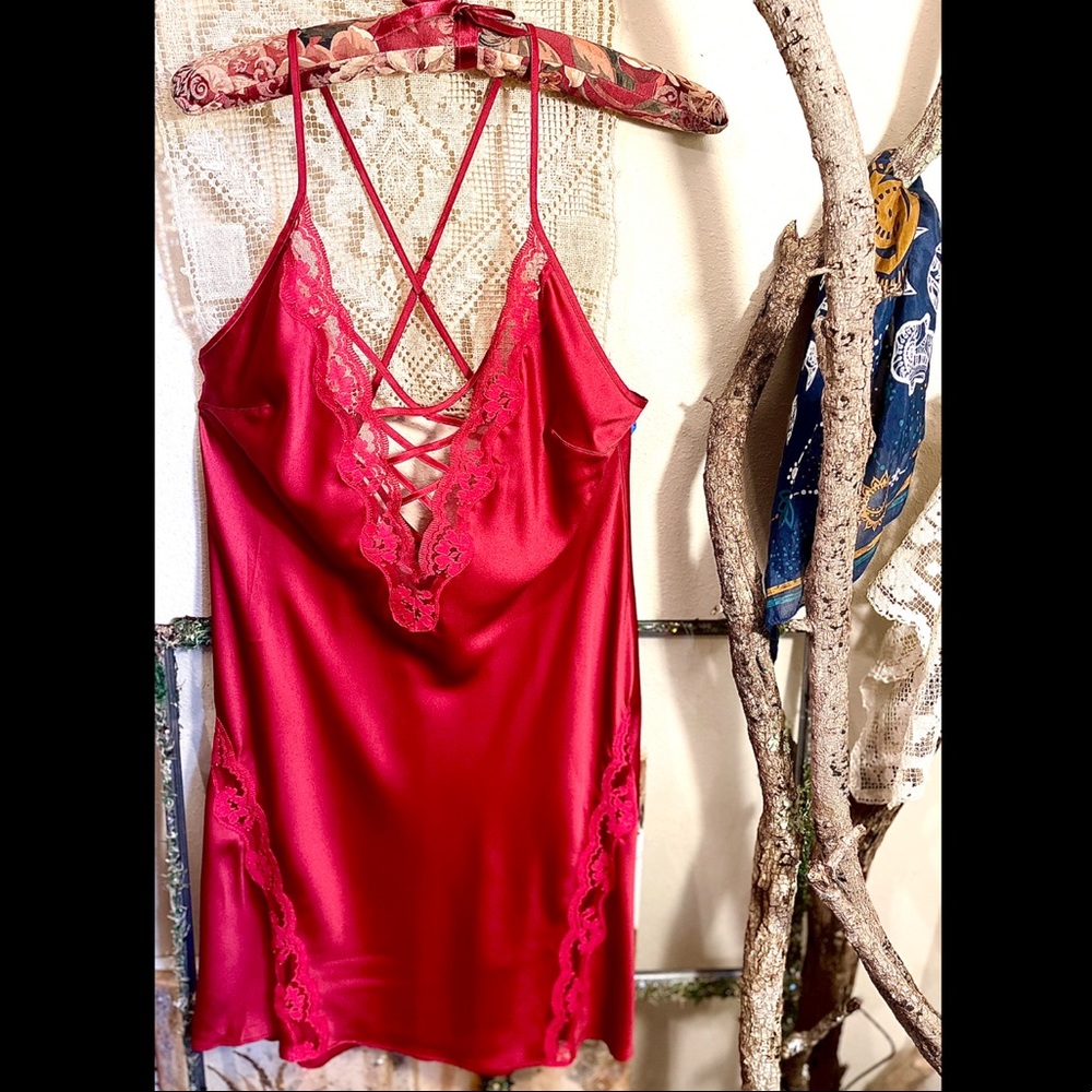 Victorias Secret Rose Red Satin and Lace Slip Dress